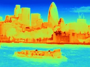 Thermal imaging photography of City of London viewed from river bank