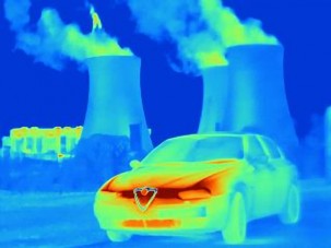 thermal image industrial scene in red-blue palette