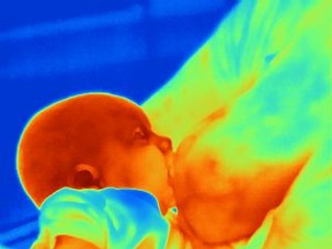 red-blue tone thermal photo of breastfeeding